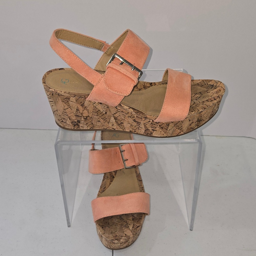 Andrew Geller Jolene Coral Peach Suede Cork Wedge Sandals Womens 9.5M